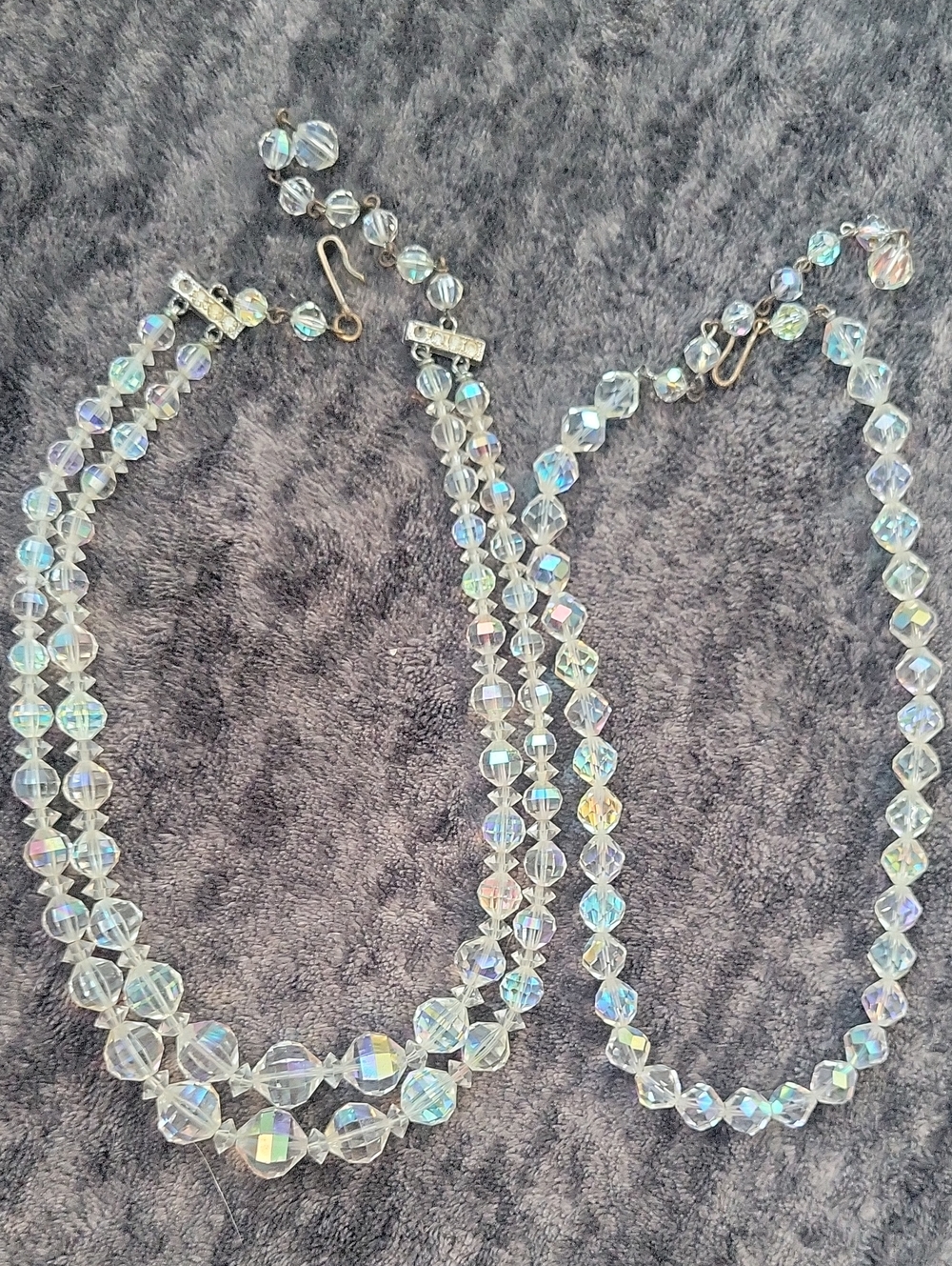 Vtg LOT of 2 AB Rock Crystal Chokers Double Strand and Single Strand